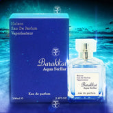Blauw parfumdoos en fles van Barakkat Aqua Stellar met zilveren accenten
